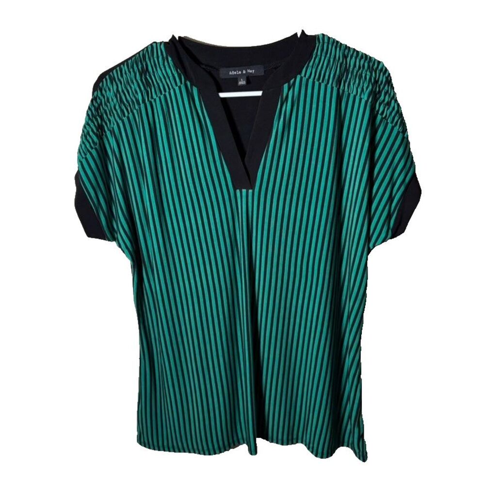 Adele & May Blouse Women's Large V-Neck Green Striped Short Sleeve Shirt Top